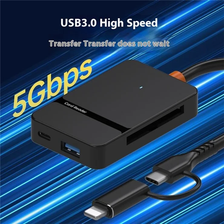 For Huawei / Xiaomi / Samsung 8-in-1 Card Reader Type-C + iP to SD / TF / MS / CF1 / Type-C / USB 3.0 U Disk Reading Adapter