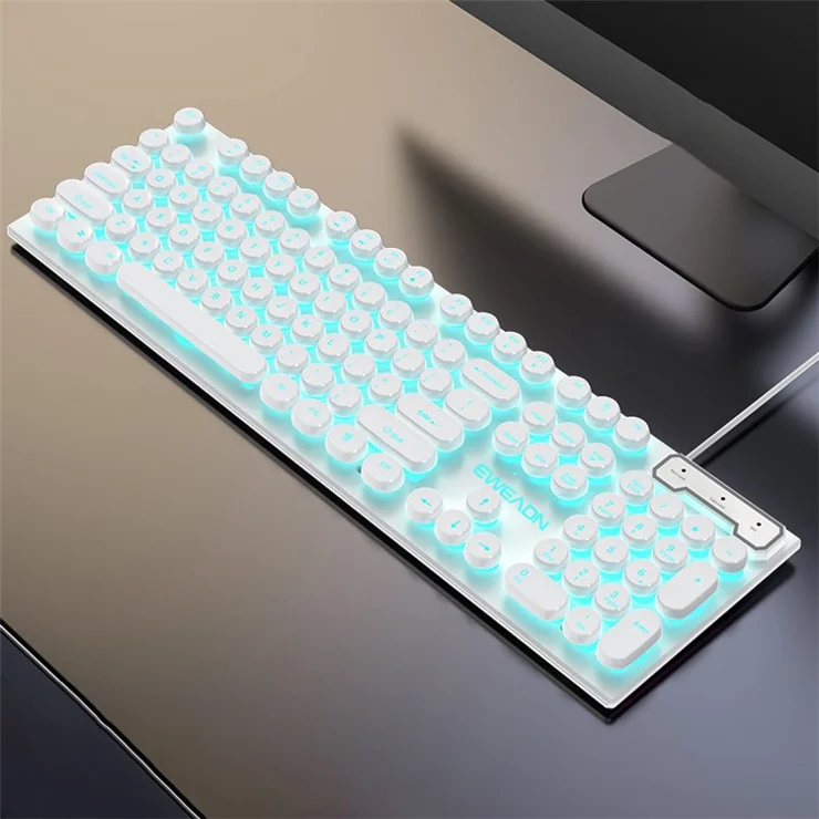 EWEADN GX30 Retro Punk Computer Laptop Keyboard USB Wired Backlit Gaming Keyboard - White / Ice Blue Light