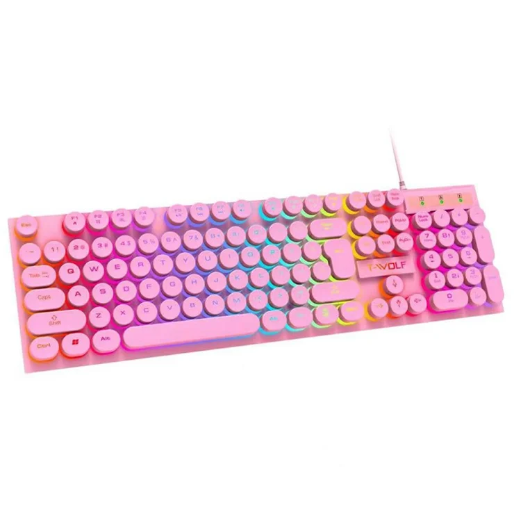 T-WOLF T80 Gaming Keyboard Retro Punk Round Keycap Wired Mechanical Keyboard with Colorful Backlight - Pink