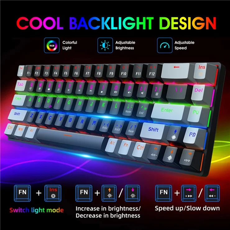 HXSJ V800 68 Keys Mechanical Keyboard with Backlit for Gaming Office - Black/Blue Switch