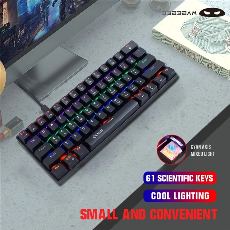 HXSJ V900 Wired 61 Keys Colorful Backlit Computer Laptop Home Office Gaming Blue Switch Mechanical Keyboard - Black