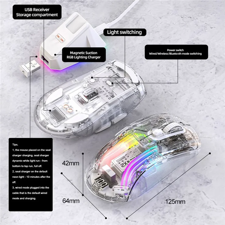 ATTACK SHARK X2PRO RGB Light Wireless Bluetooth-compatible Mouse Tri-mode Transparent Gaming Mouse with Display Screen - White