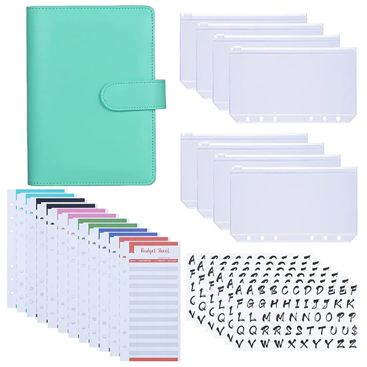 A6 Budget Binder PU Leather Budgeting Planner Organizer Book Cover with Zipper Envelopes for Budgeting, Expense Budget Sheets, Sticky Labels - Green