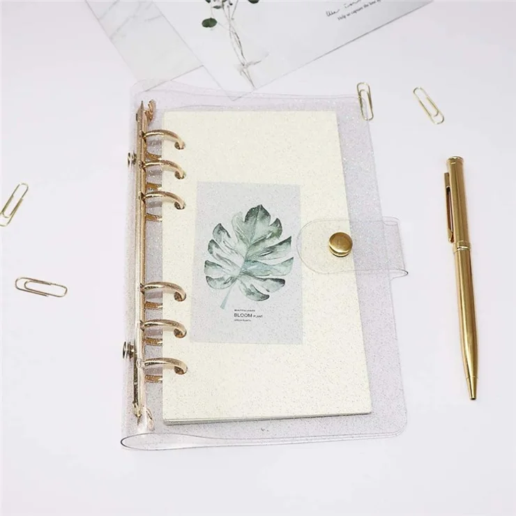 A6 PVC Binder Cover Gold 6-Ring Binders Glitter Powder Bill Card Money Organizer Loose Leaf Notebook Shell