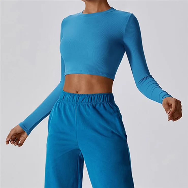 8188 Slim Fit Yoga Long Sleeve T-Shirt Women Fitness Running Sports Crop Top - Blue / L