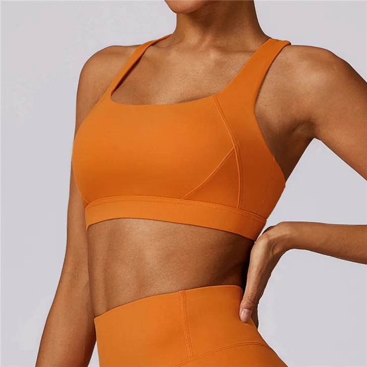 8047 Cross Back Design Women Shockproof Sports Bra Slim Fit Running Fitness Yoga Tank Vest - Orange M