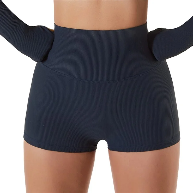 BDK6256 Running High Waisted Shorts Workout Tummy Control Yoga Short Pants - Dark Blue / L