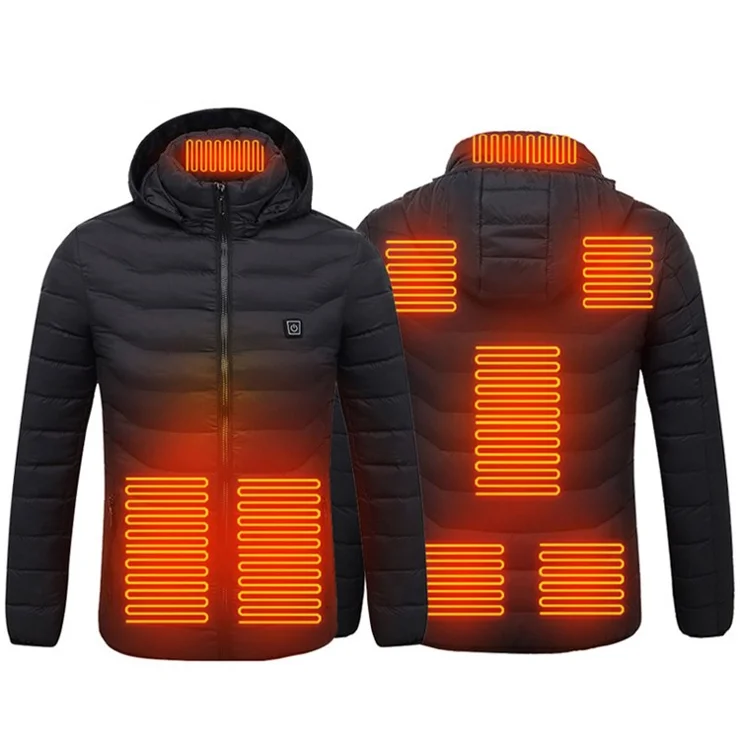 M09 Winter Warm Heating Hooded Jacket 8 Heating Zones Electric Heated Zipper Coat (Without Power Bank) - Black 3XL