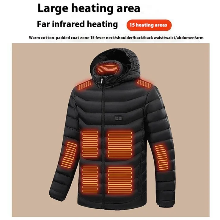 AL681006154866 Men Winter Heating Hooded Jacket Dual Mode 15 Heating Zones Electric Heated Zipper Coat (Without Power Bank) - Black / L