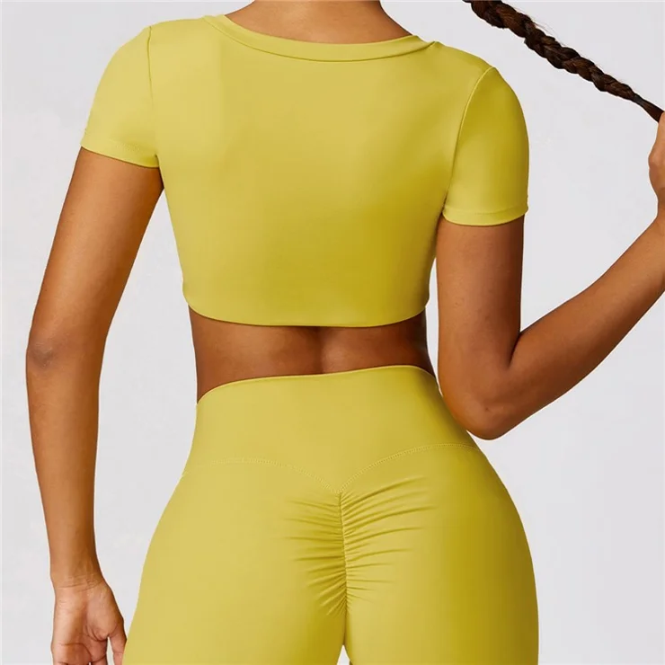 8552 Women Yoga Outfits Set Short Sleeve Crop Top+Workout Shorts - Yellow / M