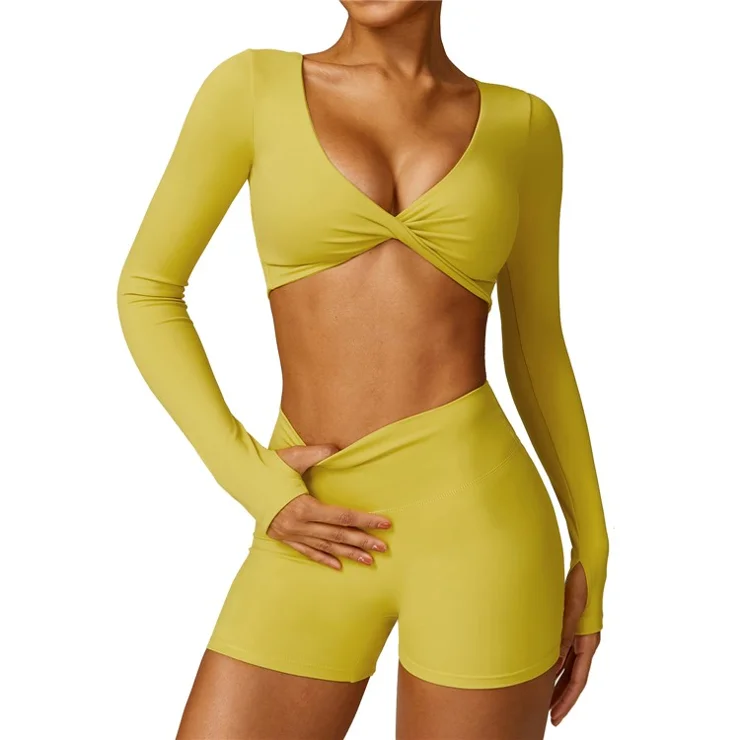 8552 Women Yoga Seamless Long Sleeve Crop Top+Shorts Pants - Yellow / M