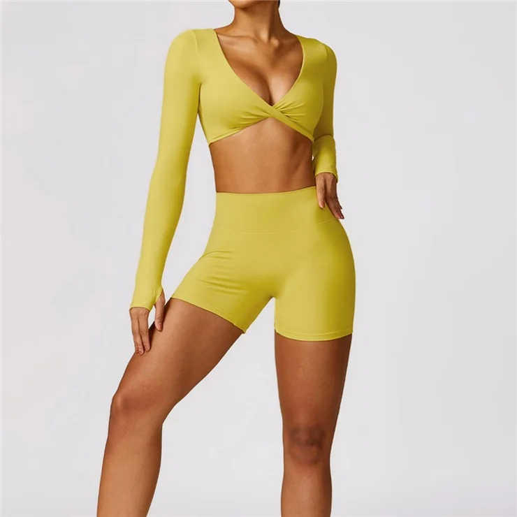 8552 Women Yoga Seamless Long Sleeve Crop Top+Shorts Pants - Yellow / M