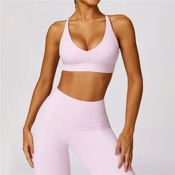 8455 Women Sports Suit Solid Color Slim Fit Yoga Fitness Bra + Pants - Pink L