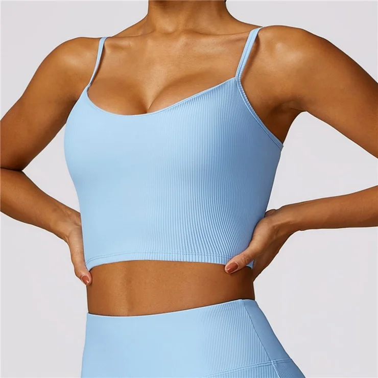 TZ8526 2Pcs / Set Ribbed Women Sports Vest Backless Yoga Crop Top + Wide Leg Pants - Cream Blue / M