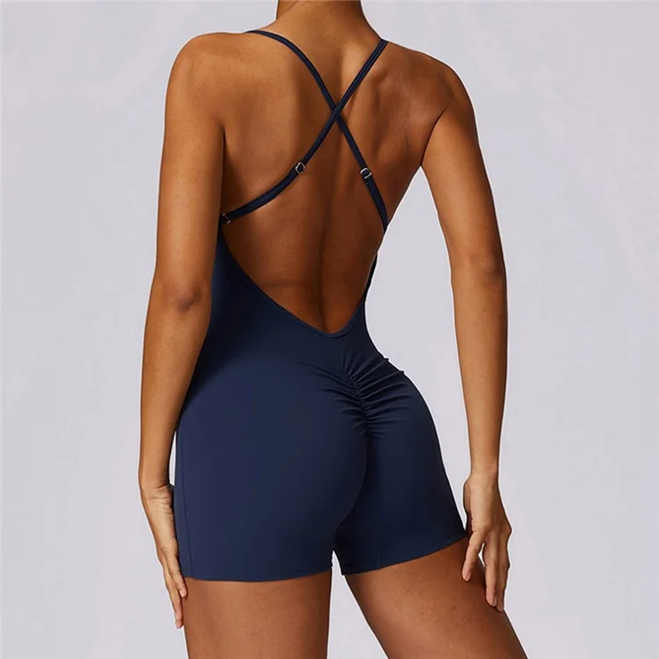 8605 Quick-Dry One-Piece Jumpsuits Unitard Bodysuit Workout Rompers Yoga Clothes - Blue / M