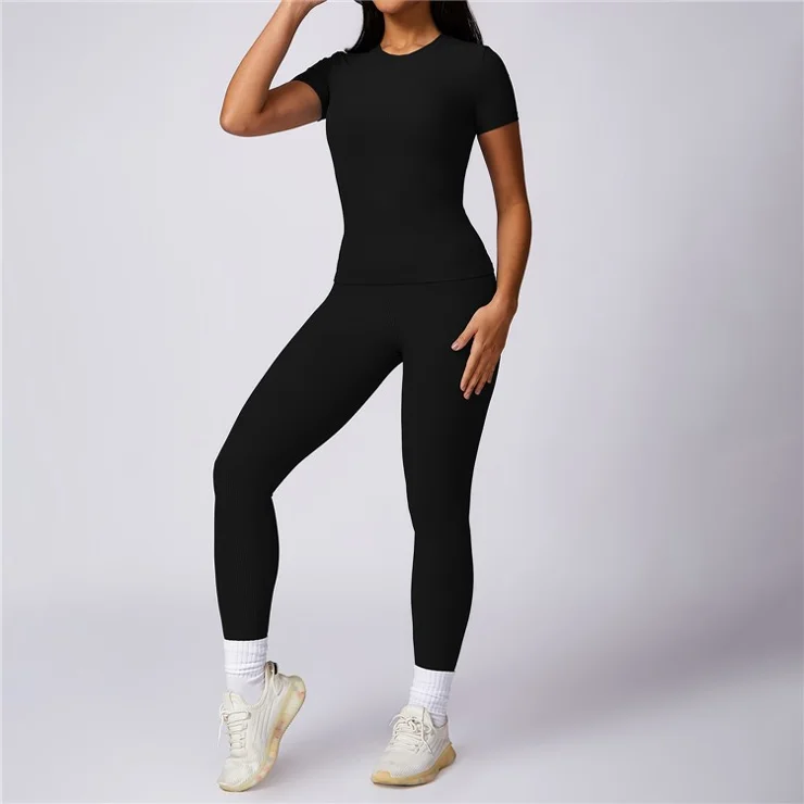 2Pcs / Set Women Solid Color Sports Short Sleeve T-Shirt + Yoga Tights Workout Suit - Black M