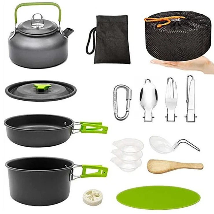 AOTU Camping Cookware Set Kettle Cooking Pot Fry Pan Cutting Board Kit (BPA-Free, No FDA) - Green