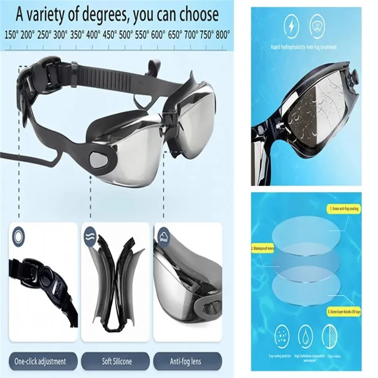 Men Women Anti-Fog Myopia Swimming Goggles for Nearsighted Swimmers Swimming Glasses - 250 Degree