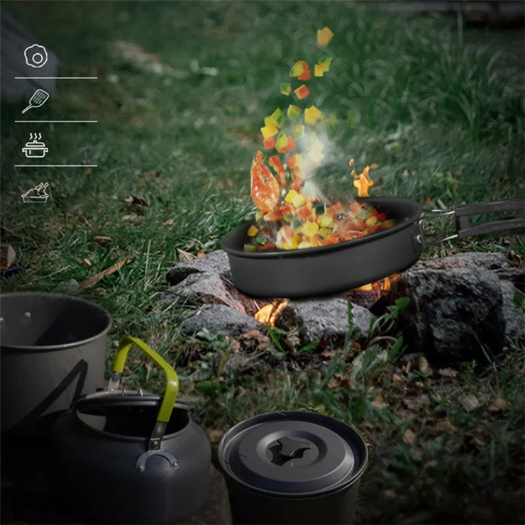 AOTU NB6803-14 Outdoor Camping Cookware Set for 2-3 People Portable Picnic Handle Pan Pot with Cups (No FDA, BPA-Free) - Black