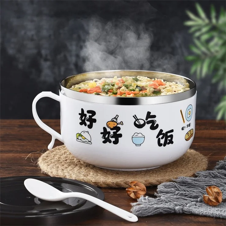 AOTU 1200ML Side Handle Grip Thermal PP+Stainless Steel Bowl with Lid for Instant Noodle, Soup (BPA-Free, No FDA Certified) - Transparent