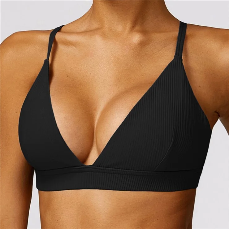 8526 Spaghetti Straps Women Sports Bra Ribbed Backless Padded Yoga Bra - Black / M