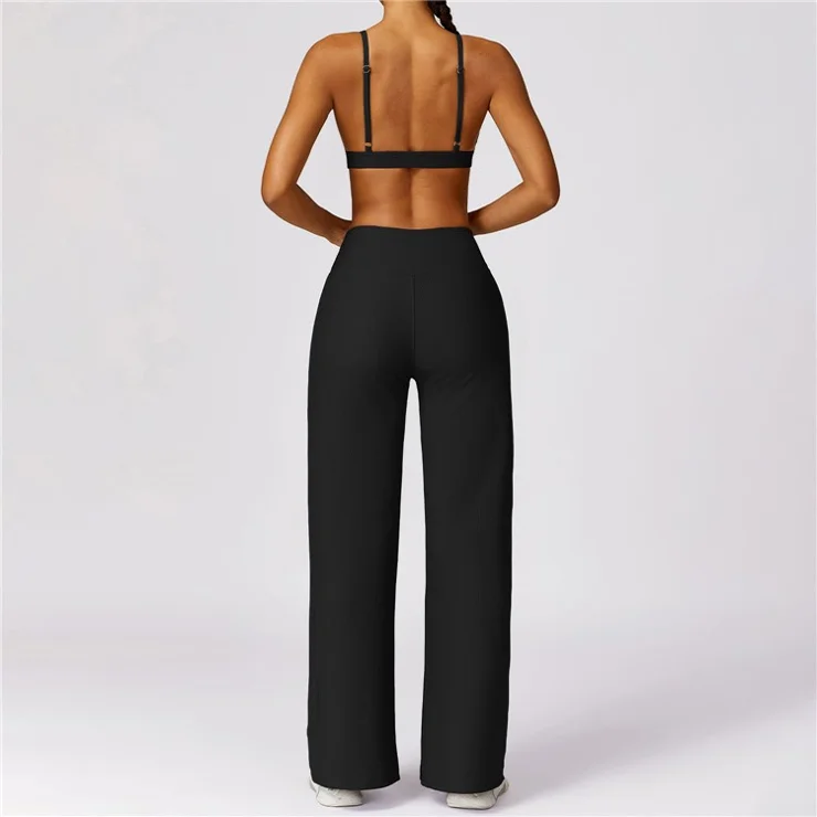 8526 Spaghetti Straps Women Sports Bra Ribbed Backless Padded Yoga Bra - Black / M