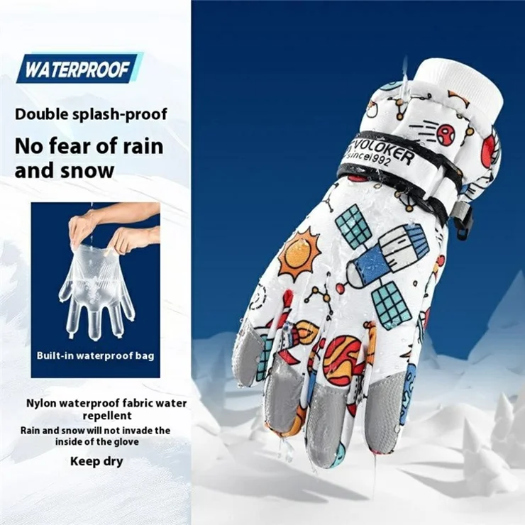 GOLOVEJOY DRST33 Winter Waterproof Cartoon Kids Ski Gloves Full Finger Mittens for Outdoor Activities - Whale L