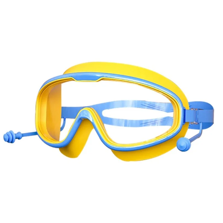 Children Anti Fog Large Frame Swimming Goggles Silicone Swim Cap with Ear Plugs - White+Pink