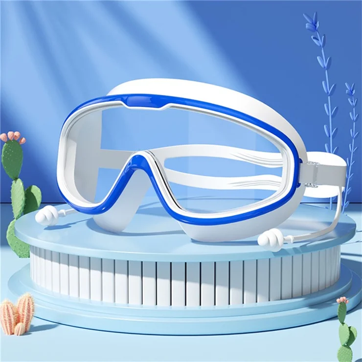 Children Large Frame Swim Goggles Anti Fog Waterproof Swimming Glasses with Integrated Earplugs for Boys / Girls - Blue+White