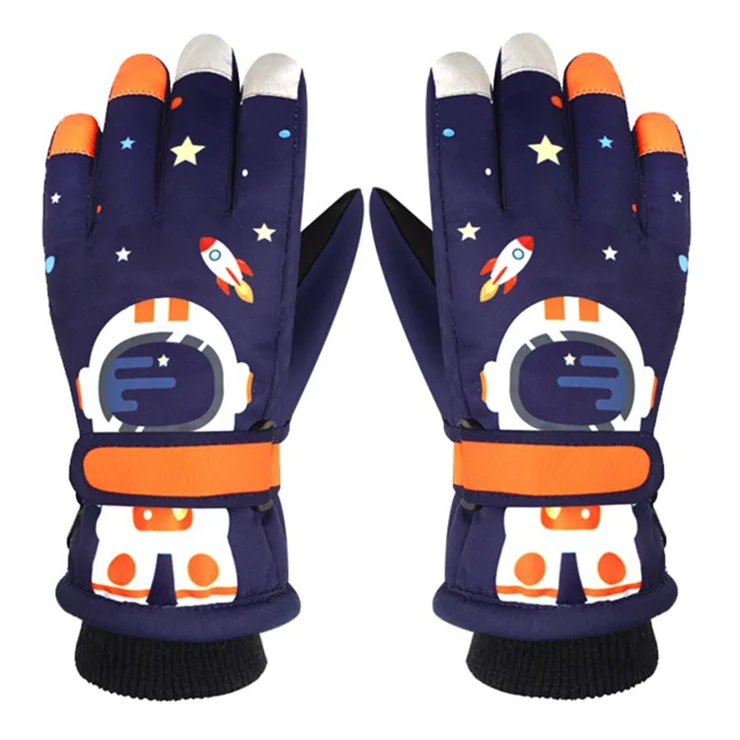 2112 1 Pair Kids Cartoon Astronaut Skiing Cycling Touch Screen Gloves Winter Windproof Warm Full Finger Gloves - Navy Blue / L