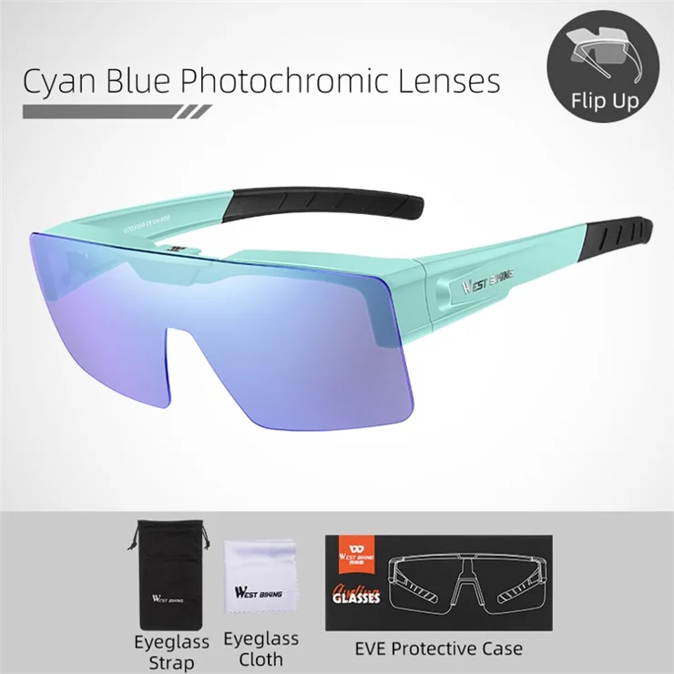 WEST BIKING YP0703160 Photochromic Lens Flip Up Glasses Outdoor Cycling Driving Sunglasses - Cyan