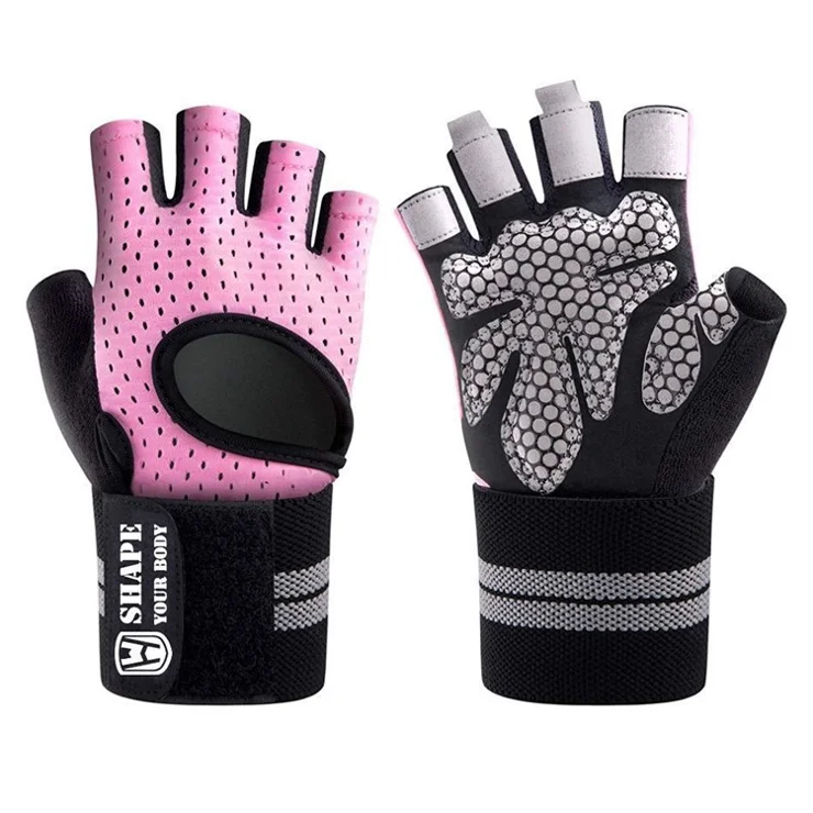 WOSWEIR HA0124 1 Pair Half Finger Gym Fitness Gloves Wide Wrist Band Anti-Slip Hand Protection Gloves - Pink M