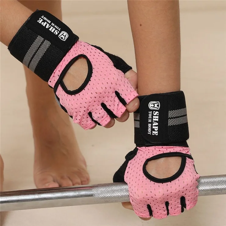 WOSWEIR HA0124 1 Pair Half Finger Gym Fitness Gloves Wide Wrist Band Anti-Slip Hand Protection Gloves - Pink L