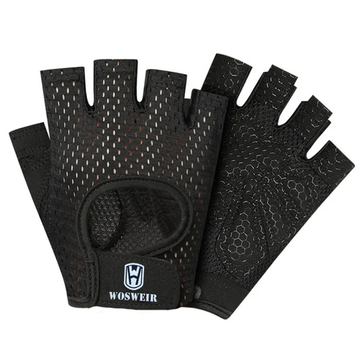 WOSWEIR HA0202 1 Pair Half Finger Fitness Gloves Weightlifting Crossfit Breathable Hand Protection Gloves - Black M