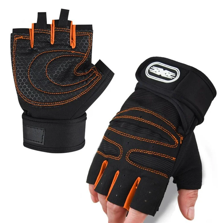 1 Pair Half Finger Fitness Gloves with Wrist Support Anti Slip Breathable Gloves for Workout Weightlifting - Orange / L