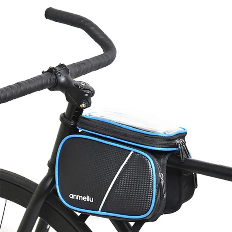 ANMEILU 7006 Waterproof Cycling Bike Front Frame Bag Touch Screen Phone Pouch Bicycle Top Tube Storage Bag with Rainproof Cover - Black / Red