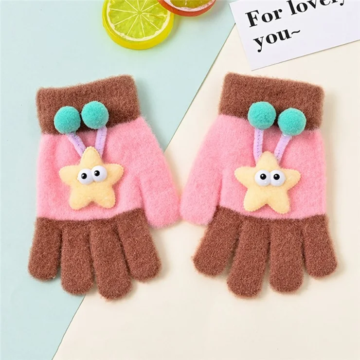 C5565 For Children Winter Cute Cartoon Star Gloves Color Splicing Full Finger Mittens - Coffee+Pink