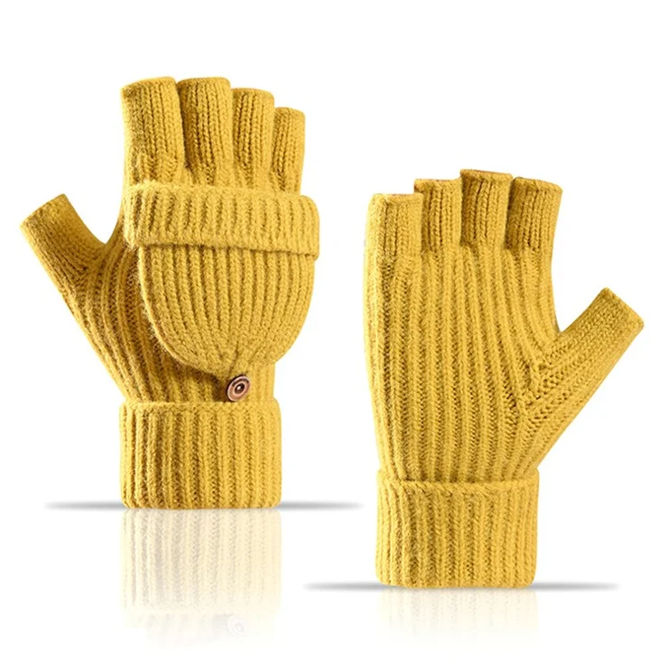 D6603 1 Pair Flip Top Fingerless Gloves Thicken Knitted Mittens for Autumn Winter - Yellow