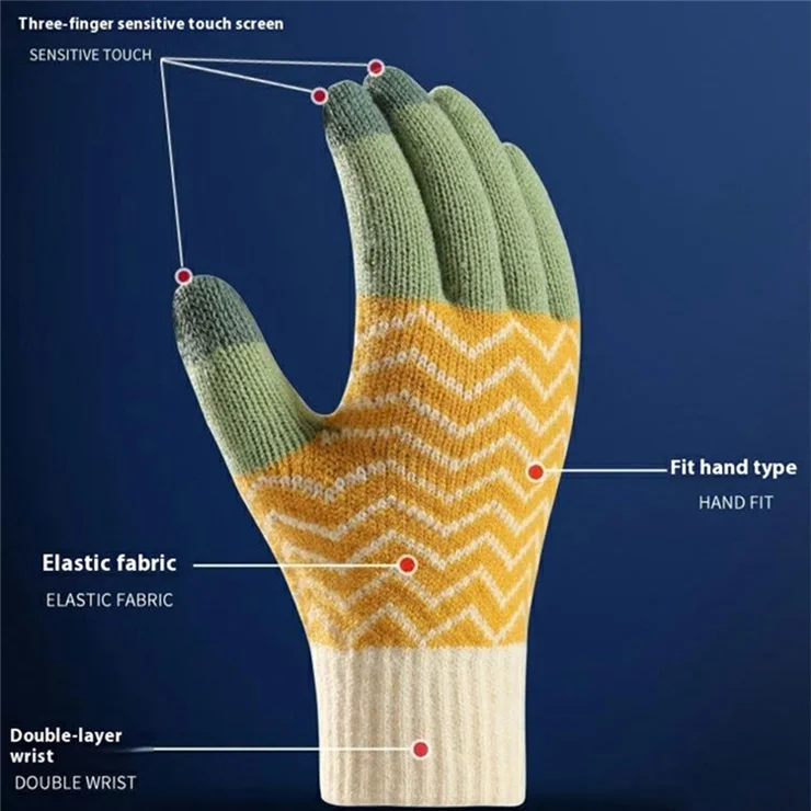 B8855 Women Touch Screen Mittens Color Splicing Wave Pattern Winter Warm Knit Gloves - Grey+Green