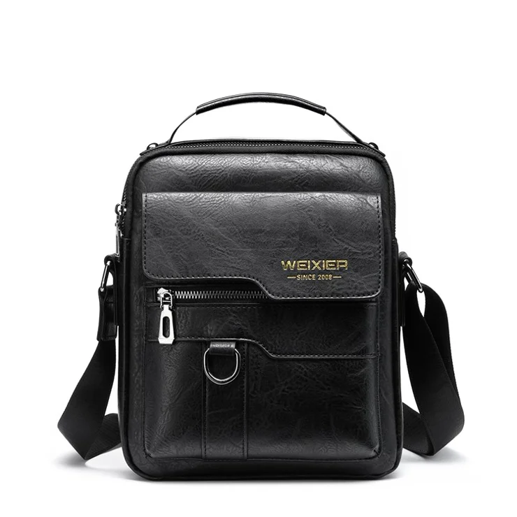 WEIXIER 8642 Vintage Men PU Leather Messenger Bag Multi-pockets Crossbody Single Shoulder Bag - Black