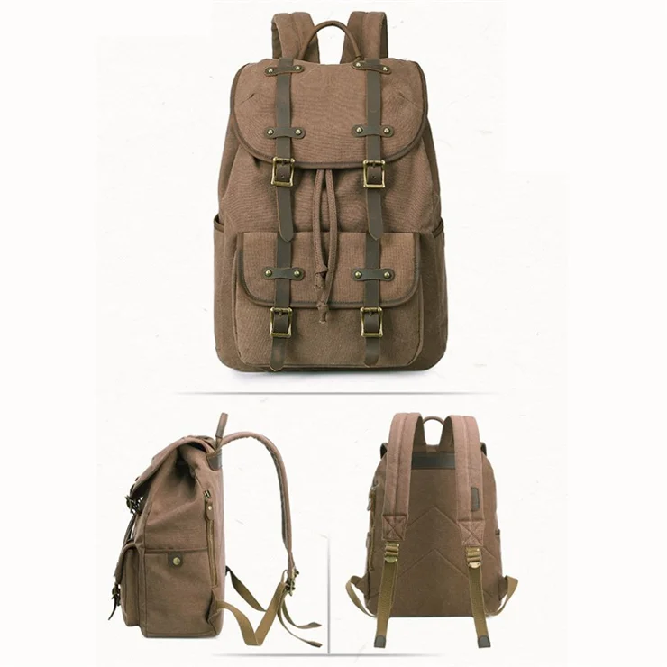 3020 Outdoor Travel 15-inch Laptop Backpack Drawstring Closure Canvas Shoulder Bag - Coffee