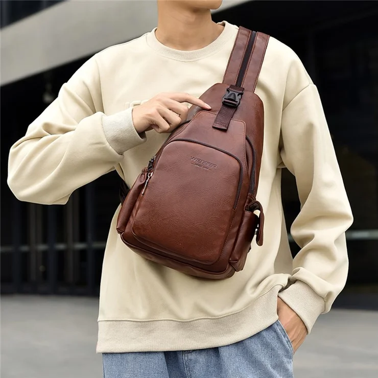WEIXIER X445 Waterproof Men Chest Bag Portable Vintage PU Leather Crossbody Bag for Outdoor Travel - Dark Brown