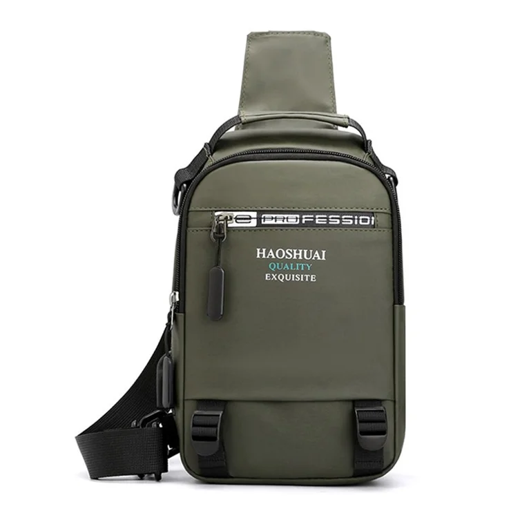HAOSHUAI 1100-12# Men's Chest Bag Large Nylon Shoulders Backpack Outdoor Sling Bag with External USB Charging Port - Black