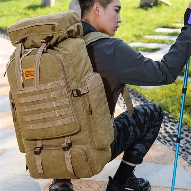 80L Multifunction Canvas Backpack Drawstring Bag Outdoor Hiking Trekking Rucksack - Brown