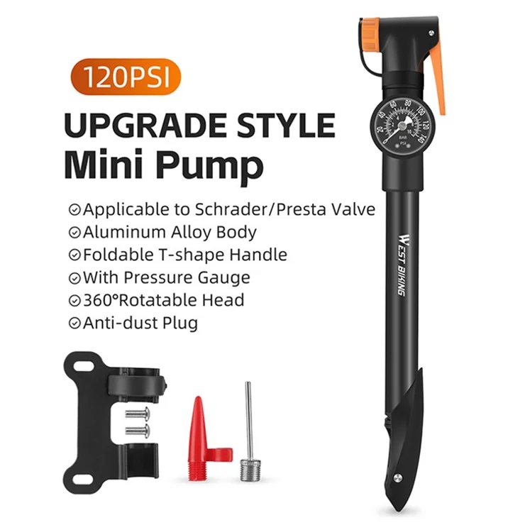 WEST BIKING YP0711162 Mini Bicycle Pump with Pressure Gauge, Portable Bike Tire Inflator