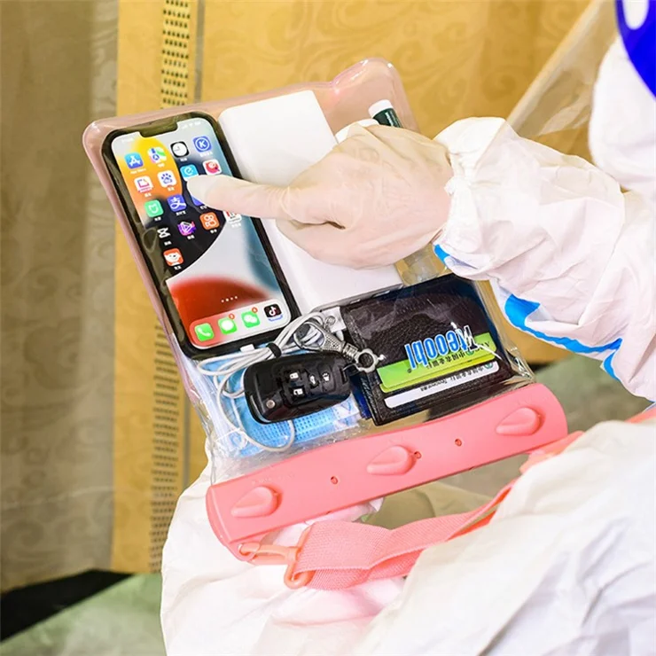 Large Capacity Waterproof Phone Pouch Diving Floating Protection Shoulder Bag Case with Clear Touch Screen Film - White
