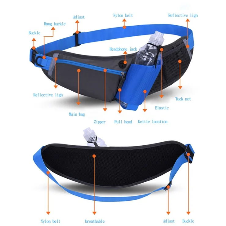 Outdoor Sports Waist Bag Waterproof Running Nylon Pouch with Water Bottle Pocket - Black