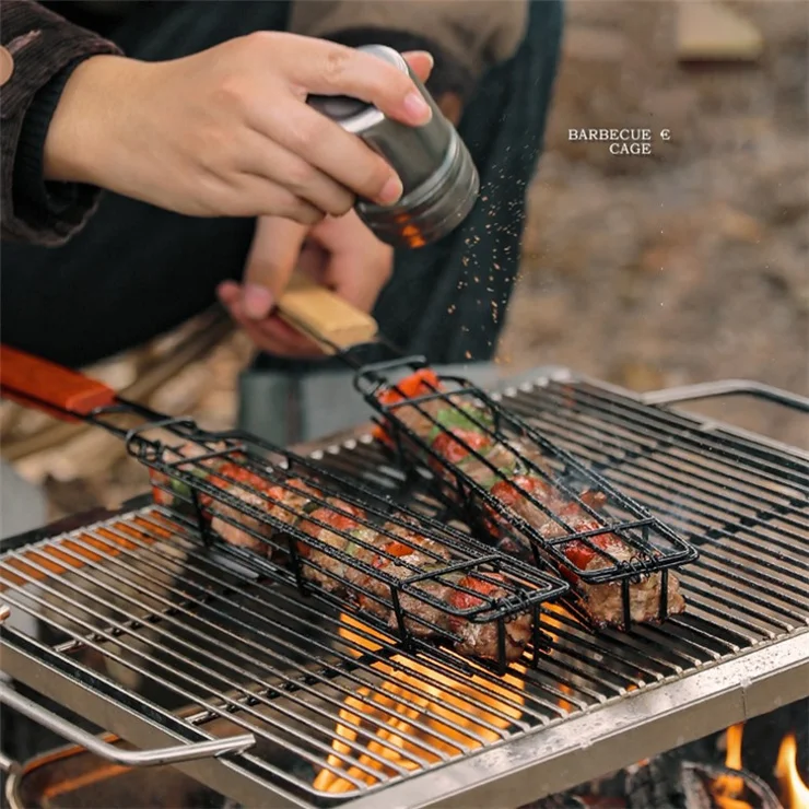 HALIN 2Pcs Outdoor Camping BBQ Grilling Basket Portable Picnic Barbecue Iron Cage with Wooden Handle (No FDA Certificate, BPA Free)