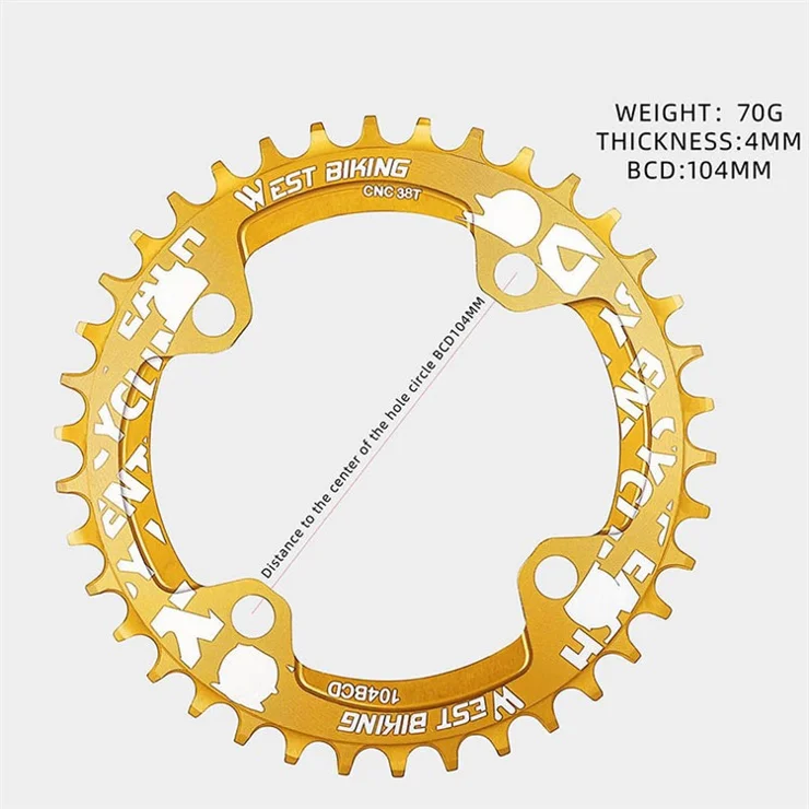 WEST BIKING 104BCD 38T Aluminum Alloy CNC Single Chainring MTB Bike Positive and Negative Toothed Chain Ring - Gold