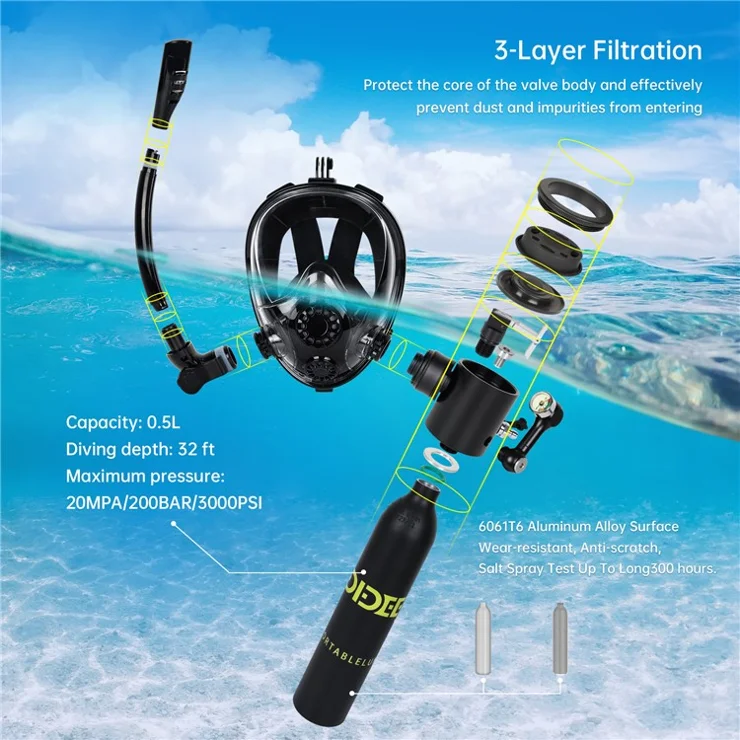 DIDEEP X3000Plus 0.5L Scuba Diving Tank with Snorkel Mask Breathing Tube, Adapter - Yellow
